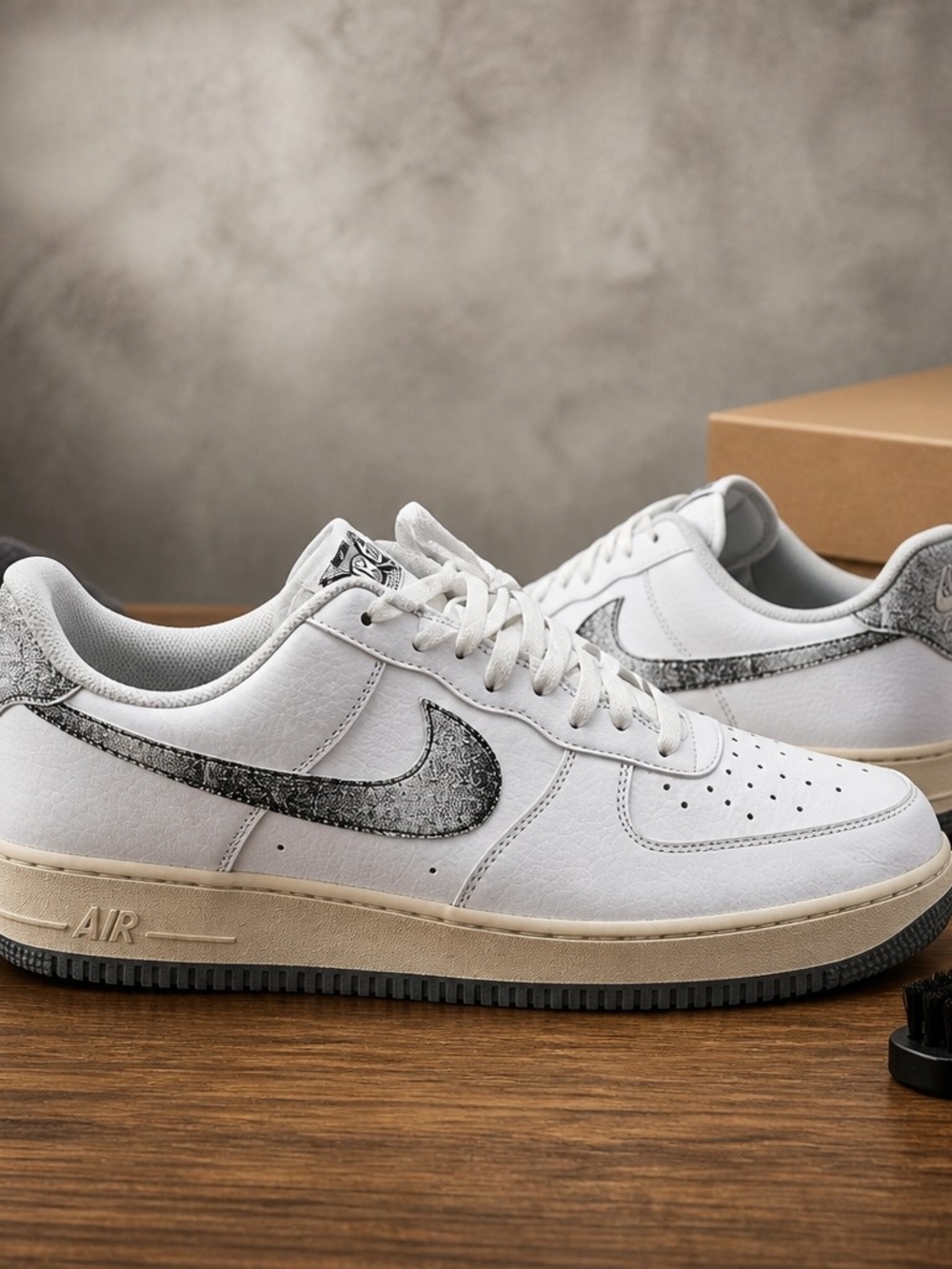 Nike White Sneakers with Gray Marble Swoosh